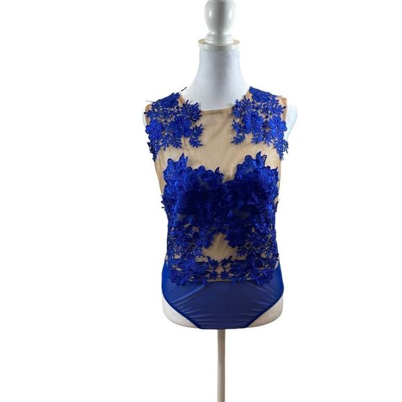 CQ by CQ Brand Sheer and‎ Royal Blue Floral Appliqué Bodysuit Size Small - Picture 1 of 10